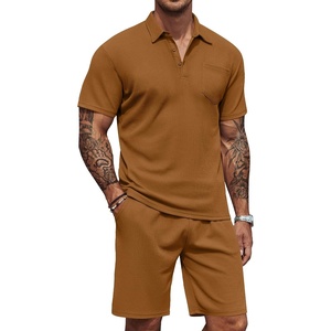 image:imageCOOFANDY Mens Waffle Knit Polo Shirt and Shorts Set 2 Pieces Outfits Summer Suit Casual Tracksuit with PocketsLight Brown