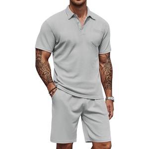 image:imageCOOFANDY Mens Waffle Knit Polo Shirt and Shorts Set 2 Pieces Outfits Summer Suit Casual Tracksuit with PocketsLight Grey