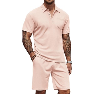 image:imageCOOFANDY Mens Waffle Knit Polo Shirt and Shorts Set 2 Pieces Outfits Summer Suit Casual Tracksuit with PocketsLight Pink