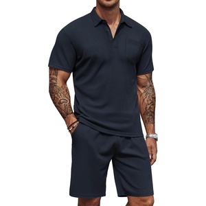 image:imageCOOFANDY Mens Waffle Knit Polo Shirt and Shorts Set 2 Pieces Outfits Summer Suit Casual Tracksuit with PocketsNavy Blue