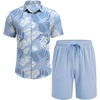 image:imageCOOFANDY Mens Hawaiian 2 Piece Outfits Floral Button Down Shirt and Shorts Vacation Outfits Summer Beach Matching SetLeaf Light Blue