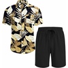 image:imageCOOFANDY Mens Hawaiian 2 Piece Outfits Floral Button Down Shirt and Shorts Vacation Outfits Summer Beach Matching SetPalm Leaf Black