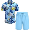 image:imageCOOFANDY Mens Hawaiian 2 Piece Outfits Floral Button Down Shirt and Shorts Vacation Outfits Summer Beach Matching SetPalm Leaf Blue