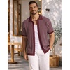 image:imageCOOFANDY Mens Knit Button Down Shirts Short Sleeve Polo Shirt Vintage Striped Casual ShirtsWine Red Beige