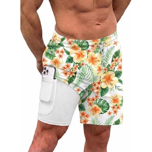 image:imageCOOFANDY Men Swim Trunk with Compression Liner 2 in 1 Swimwear Bathing Suit Quick Dry Board ShortP Green Hawaiian Flower