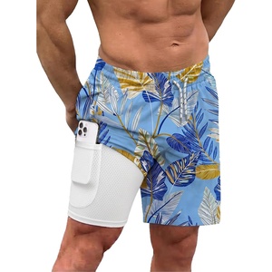 image:imageCOOFANDY Men Swim Trunk with Compression Liner 2 in 1 Swimwear Bathing Suit Quick Dry Board ShortP Light Blue Leaves