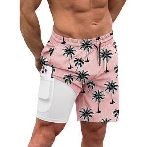 image:imageCOOFANDY Men Swim Trunk with Compression Liner 2 in 1 Swimwear Bathing Suit Quick Dry Board ShortP Pink Coconut Tree