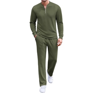 image:imageCOOFANDY Mens 2 Piece Tracksuit Set Polo Athletic Sweatsuit Quarter Zip Jogging Long Sleeve Casual Sports OutfitsArmy Green