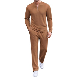 image:imageCOOFANDY Mens 2 Piece Tracksuit Set Polo Athletic Sweatsuit Quarter Zip Jogging Long Sleeve Casual Sports OutfitsLight Brown