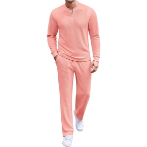 image:imageCOOFANDY Mens 2 Piece Tracksuit Set Polo Athletic Sweatsuit Quarter Zip Jogging Long Sleeve Casual Sports OutfitsPink