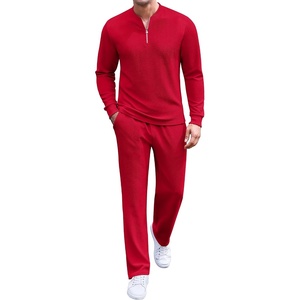 image:imageCOOFANDY Mens 2 Piece Tracksuit Set Polo Athletic Sweatsuit Quarter Zip Jogging Long Sleeve Casual Sports OutfitsRed