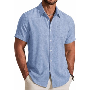 image:imageCOOFANDY Mens Button Down Shirt Short Sleeve Casual Shirts Summer Beach Textured Shirts with PocketLight Blue