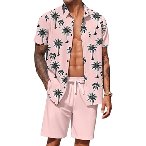 image:imageCOOFANDY Mens Hawaiian 2 Piece Outfits Floral Button Down Shirt and Shorts Vacation Outfits Summer Beach Matching SetCoconut Tree Pink