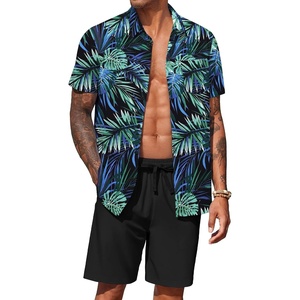 image:imageCOOFANDY Mens Hawaiian 2 Piece Outfits Floral Button Down Shirt and Shorts Vacation Outfits Summer Beach Matching SetLeaf Blue Black