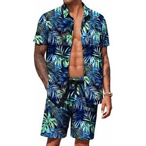 image:imageCOOFANDY Mens Hawaiian 2 Piece Outfits Floral Button Down Shirt and Shorts Vacation Outfits Summer Beach Matching SetLeaf Green