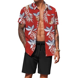 image:imageCOOFANDY Mens Hawaiian 2 Piece Outfits Floral Button Down Shirt and Shorts Vacation Outfits Summer Beach Matching SetLeaf Red