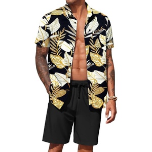 image:imageCOOFANDY Mens Hawaiian 2 Piece Outfits Floral Button Down Shirt and Shorts Vacation Outfits Summer Beach Matching SetPalm Leaf Black