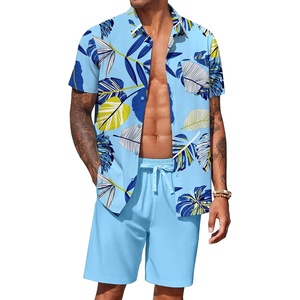 image:imageCOOFANDY Mens Hawaiian 2 Piece Outfits Floral Button Down Shirt and Shorts Vacation Outfits Summer Beach Matching SetPalm Leaf Blue