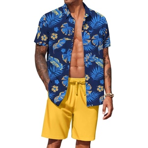 image:imageCOOFANDY Mens Hawaiian 2 Piece Outfits Floral Button Down Shirt and Shorts Vacation Outfits Summer Beach Matching SetPalm Leaf Navy
