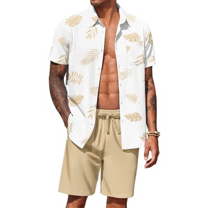 image:imageCOOFANDY Mens Hawaiian 2 Piece Outfits Floral Button Down Shirt and Shorts Vacation Outfits Summer Beach Matching SetPalm Leaf White