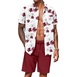 image:imageCOOFANDY Mens Hawaiian 2 Piece Outfits Floral Button Down Shirt and Shorts Vacation Outfits Summer Beach Matching SetWhite  Red Floral