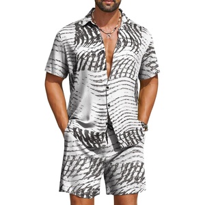 image:imageCOOFANDY Mens Hawaiian Matching Set Summer Beach 2 Piece Outfits Flower Button Down Shirts and Shorts Vacation OutfitsBlack and White Stripes