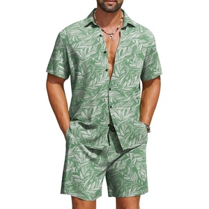 image:imageCOOFANDY Mens Hawaiian Matching Set Summer Beach 2 Piece Outfits Flower Button Down Shirts and Shorts Vacation OutfitsGreen Leaves