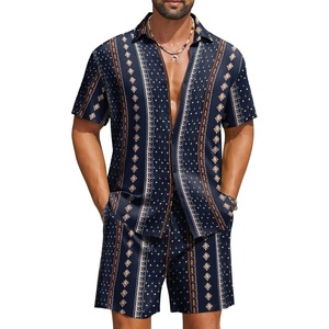 image:imageCOOFANDY Mens Hawaiian Matching Set Summer Beach 2 Piece Outfits Flower Button Down Shirts and Shorts Vacation OutfitsNavy