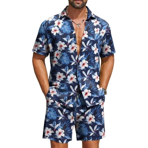 image:imageCOOFANDY Mens Hawaiian Matching Set Summer Beach 2 Piece Outfits Flower Button Down Shirts and Shorts Vacation OutfitsNavy Blue  Flowers