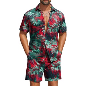 image:imageCOOFANDY Mens Hawaiian Matching Set Summer Beach 2 Piece Outfits Flower Button Down Shirts and Shorts Vacation OutfitsRed Leaves