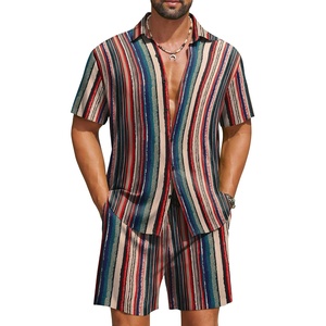 image:imageCOOFANDY Mens Hawaiian Matching Set Summer Beach 2 Piece Outfits Flower Button Down Shirts and Shorts Vacation OutfitsRetro Stripes