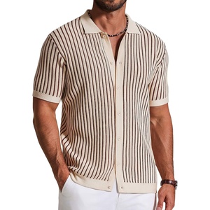 image:imageCOOFANDY Mens Knit Button Down Shirts Short Sleeve Polo Shirt Vintage Striped Casual ShirtsApricot Brown Stripe