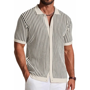 image:imageCOOFANDY Mens Knit Button Down Shirts Short Sleeve Polo Shirt Vintage Striped Casual ShirtsBeige Black Stripe