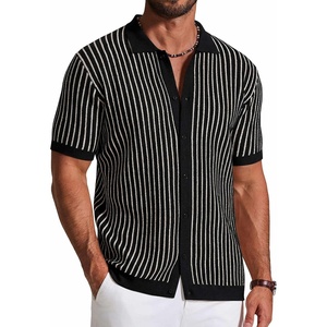 image:imageCOOFANDY Mens Knit Button Down Shirts Short Sleeve Polo Shirt Vintage Striped Casual ShirtsBlack Beige