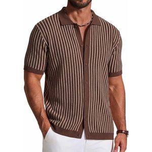 image:imageCOOFANDY Mens Knit Button Down Shirts Short Sleeve Polo Shirt Vintage Striped Casual ShirtsBrown Apricot