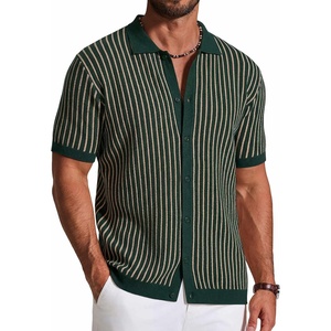image:imageCOOFANDY Mens Knit Button Down Shirts Short Sleeve Polo Shirt Vintage Striped Casual ShirtsEvergreen Khaki