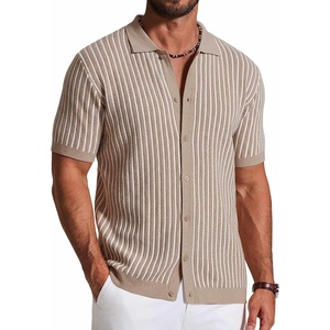 image:imageCOOFANDY Mens Knit Button Down Shirts Short Sleeve Polo Shirt Vintage Striped Casual ShirtsKhaki White