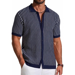 image:imageCOOFANDY Mens Knit Button Down Shirts Short Sleeve Polo Shirt Vintage Striped Casual ShirtsNavy Blue White