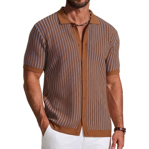 image:imageCOOFANDY Mens Knit Button Down Shirts Short Sleeve Polo Shirt Vintage Striped Casual ShirtsTan Misty Blue