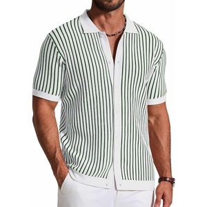 image:imageCOOFANDY Mens Knit Button Down Shirts Short Sleeve Polo Shirt Vintage Striped Casual ShirtsWhite Army Green