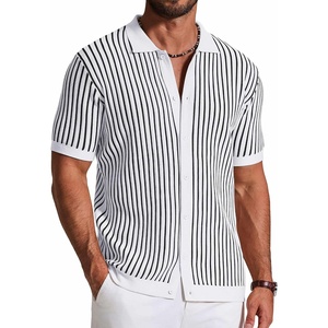 image:imageCOOFANDY Mens Knit Button Down Shirts Short Sleeve Polo Shirt Vintage Striped Casual ShirtsWhite Black