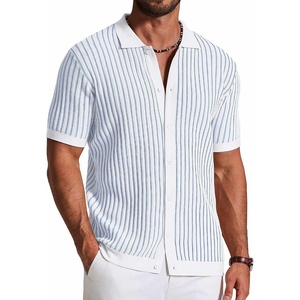 image:imageCOOFANDY Mens Knit Button Down Shirts Short Sleeve Polo Shirt Vintage Striped Casual ShirtsWhite Light Blue