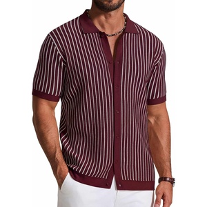 image:imageCOOFANDY Mens Knit Button Down Shirts Short Sleeve Polo Shirt Vintage Striped Casual ShirtsWine Red Beige