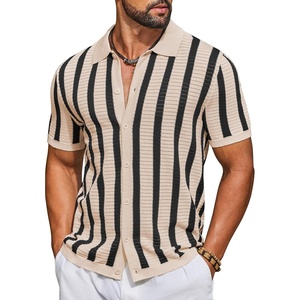 image:imageCOOFANDY Mens Knit Shirts Short Sleeve Button Down Polo Shirt Striped Casual Summer Beach ShirtsApricot  Black