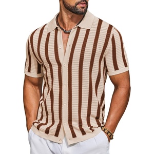 image:imageCOOFANDY Mens Knit Shirts Short Sleeve Button Down Polo Shirt Striped Casual Summer Beach ShirtsApricot  Caramel