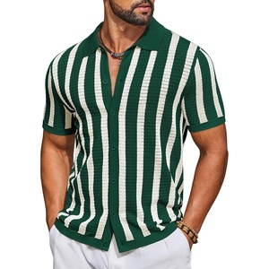 image:imageCOOFANDY Mens Knit Shirts Short Sleeve Button Down Polo Shirt Striped Casual Summer Beach ShirtsGreen  Beige