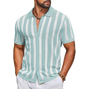image:imageCOOFANDY Mens Knit Shirts Short Sleeve Button Down Polo Shirt Striped Casual Summer Beach ShirtsIce Green  White