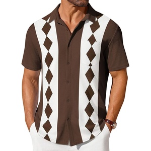 image:imageCOOFANDY Mens Short Sleeve Button Down Shirt Casual Summer Beach Shirts Waffle Knit Shirt Wrinkle Free Untucked ShirtBrown Diamond