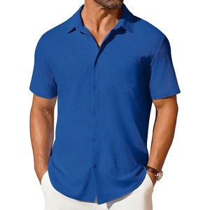 image:imageCOOFANDY Mens Short Sleeve Button Down Shirt Casual Summer Beach Shirts Waffle Knit Shirt Wrinkle Free Untucked ShirtDeep Blue