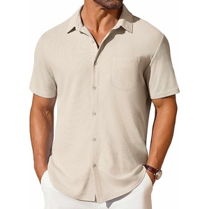 image:imageCOOFANDY Mens Short Sleeve Button Down Shirt Casual Summer Beach Shirts Waffle Knit Shirt Wrinkle Free Untucked ShirtLight Khaki